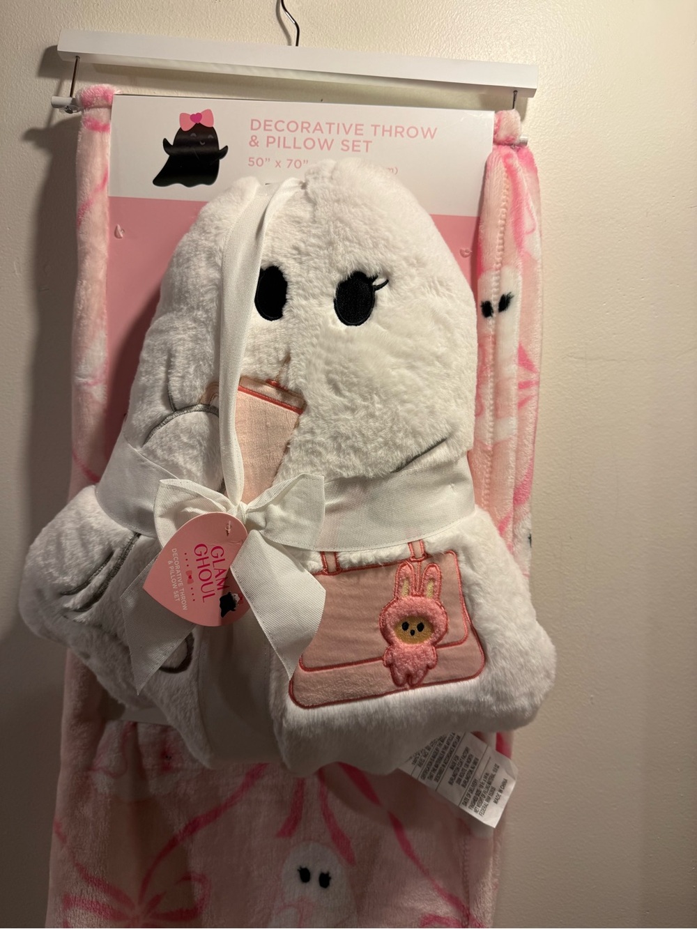 Glam Ghoul Pink Bow Ghost Halloween Blanket & Pillow Set Labubu Stanley Cup